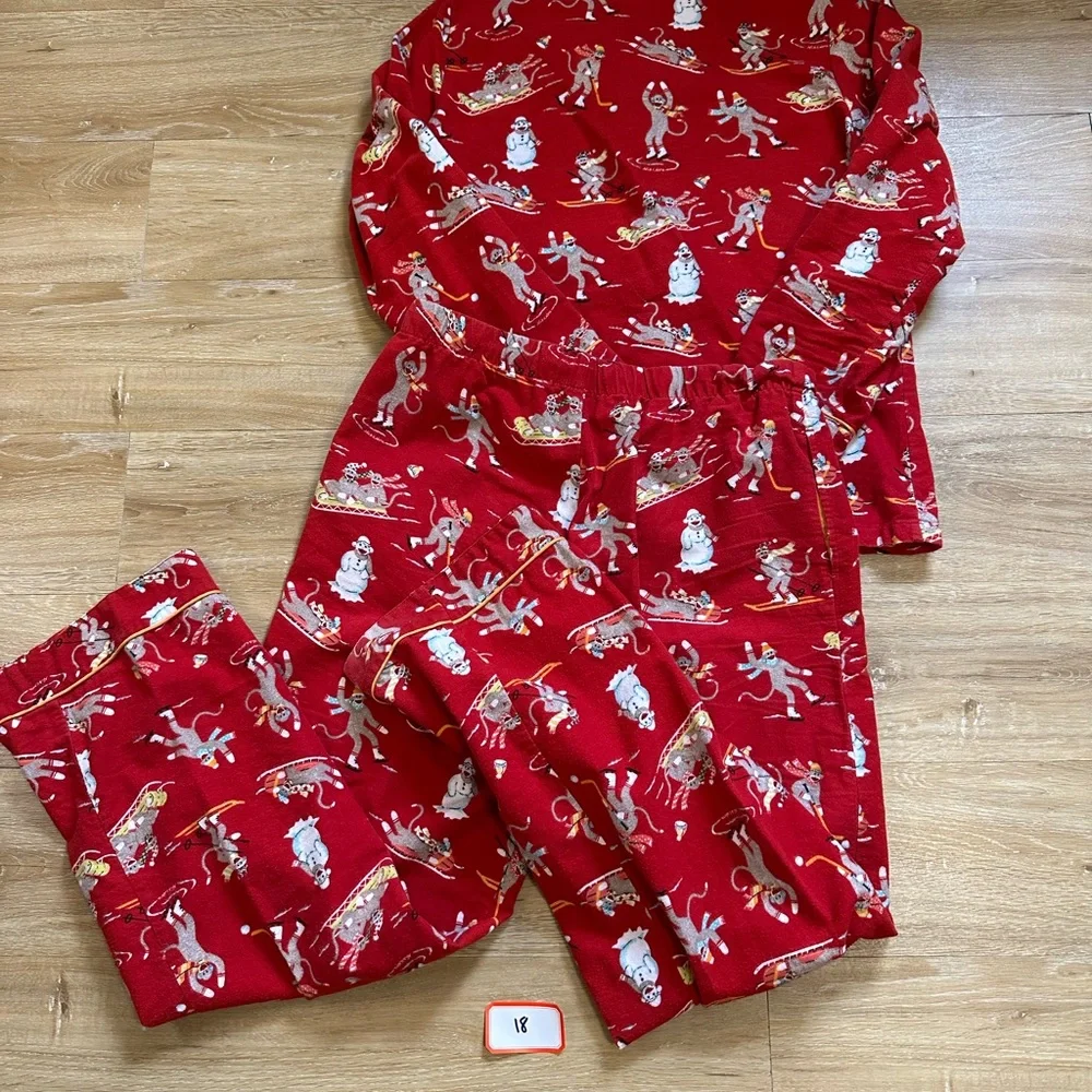 NICK & NORA DOWNHILL MONKEYS 100% COTTON Flannel Set Red Flannel Pajamas S - Picture 9 of 10